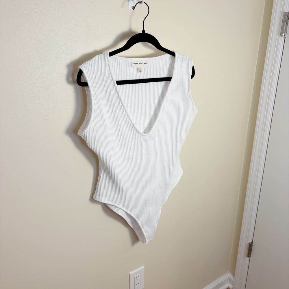 Mara Hoffman Bodysuit Large White Ribbed Deep V-Neck Sleeveless Thong Snap - Picture 5 of 8